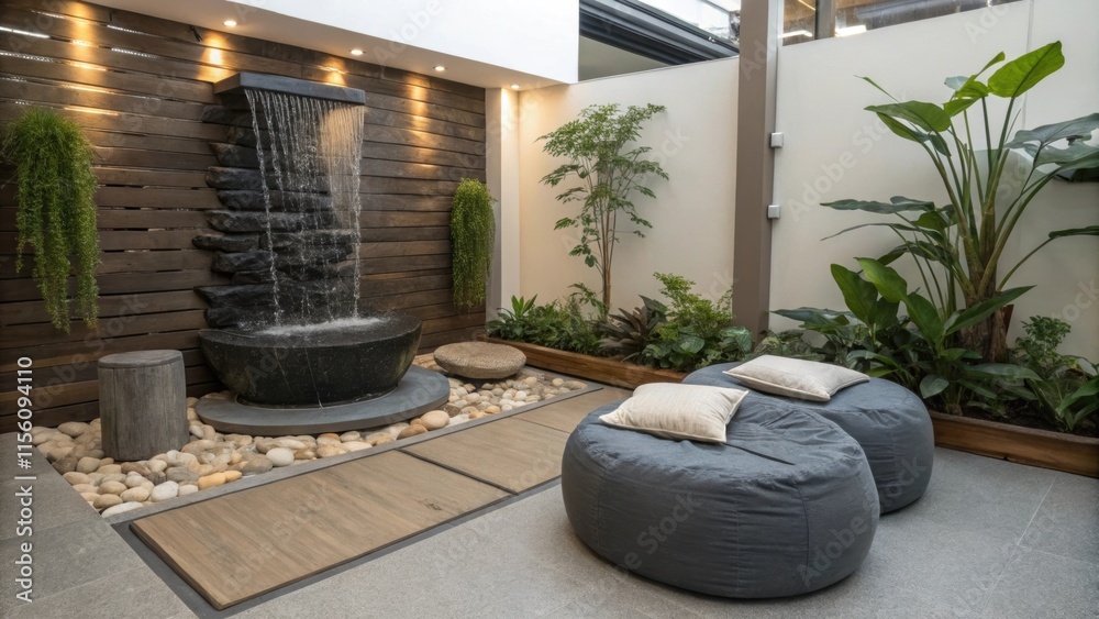 Poster modern indoor patio design showcasing a tranquil waterfall feature against a wooden wall. complement