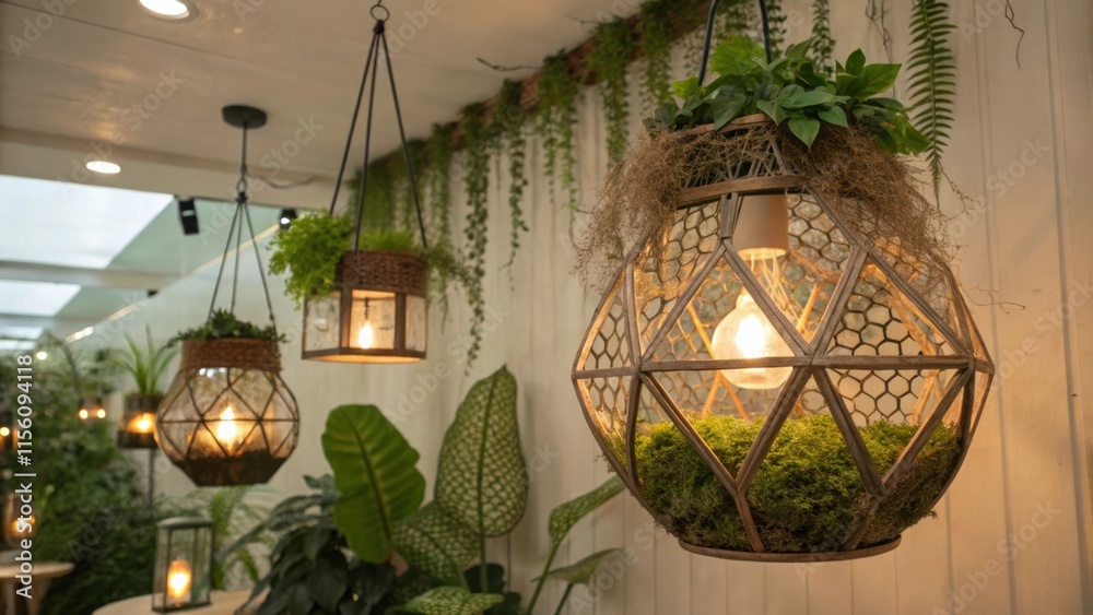 Poster several hanging terrariums with illuminated light bulbs create a cozy and inviting atmosphere in a n