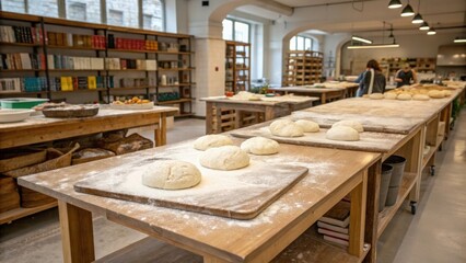 Several loaves of bread dough are resting and rising on wooden tables in the prep area of a large commercial bakery, with bakers working in the background