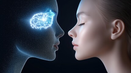 Obraz premium Human and artificial intelligence face-to-face: a futuristic encounter