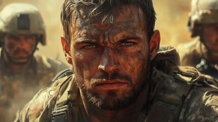 Obraz premium Intense Portrait of a Soldier in Combat with Dirty Face and Resolute Expression, Capturing the Essence of Courage and Determination Amidst Chaotic Conditions