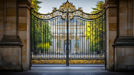 Ornate wrought iron gate with gold leaf detailing and decorative scrollwork, leading to a prestigious heritage estate