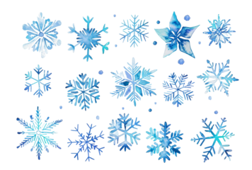 Set of blue frozen snowflakes isolated on transparent background PNG