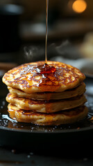 Fluffy Pancakes Flipping with Maple Syrup