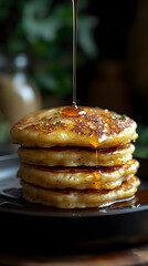 Fluffy Pancakes Flipping with Maple Syrup