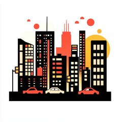 Obraz premium Stylized cityscape illustration showcasing vibrant colors and geometric shapes in a modern urban setting.
