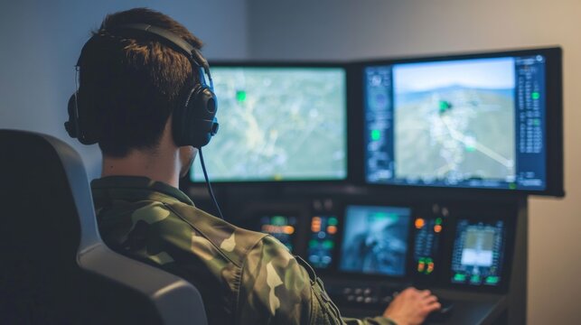 Military Personnel Operating Advanced Simulation Technology in Control Room with Multiple Screens Displaying Strategic Data and Visuals