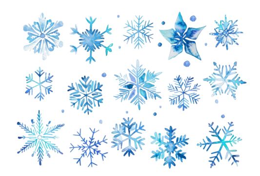 Set of blue frozen snowflakes isolated on transparent background PNG