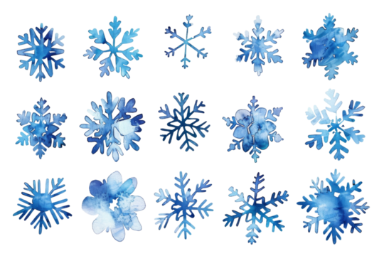 Set of blue frozen snowflakes isolated on transparent background PNG
