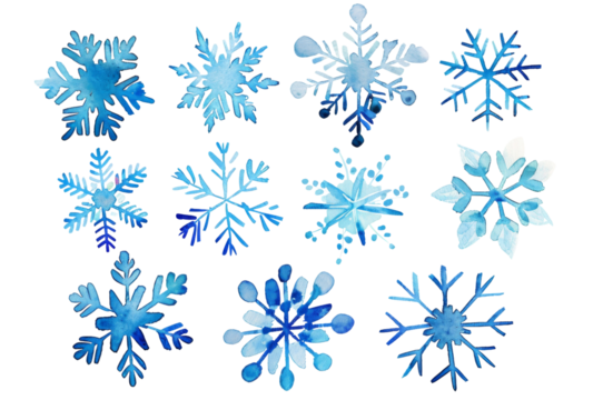 Set of blue frozen snowflakes isolated on transparent background PNG