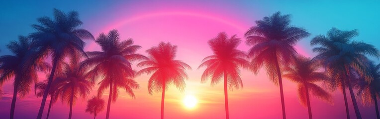 Naklejka premium Tropical Palms Under Rainbow in Vibrant Paradise Scene
