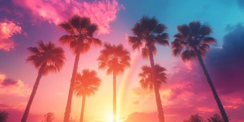 Tropical Palms Under Rainbow in Vibrant Paradise Scene