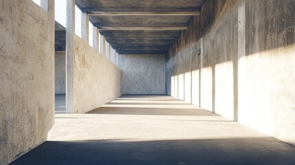 Obraz premium Minimalist Industrial Interior Space with Textured Concrete Walls and Soft Natural Light Streaming Through Windows for Modern Design Concepts