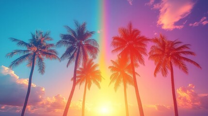 Tropical Palms Under Rainbow in Vibrant Paradise Scene