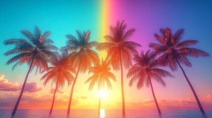 Tropical Palms Under Rainbow in Vibrant Paradise Scene