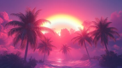 Tropical Palms Under Rainbow in Vibrant Paradise Scene