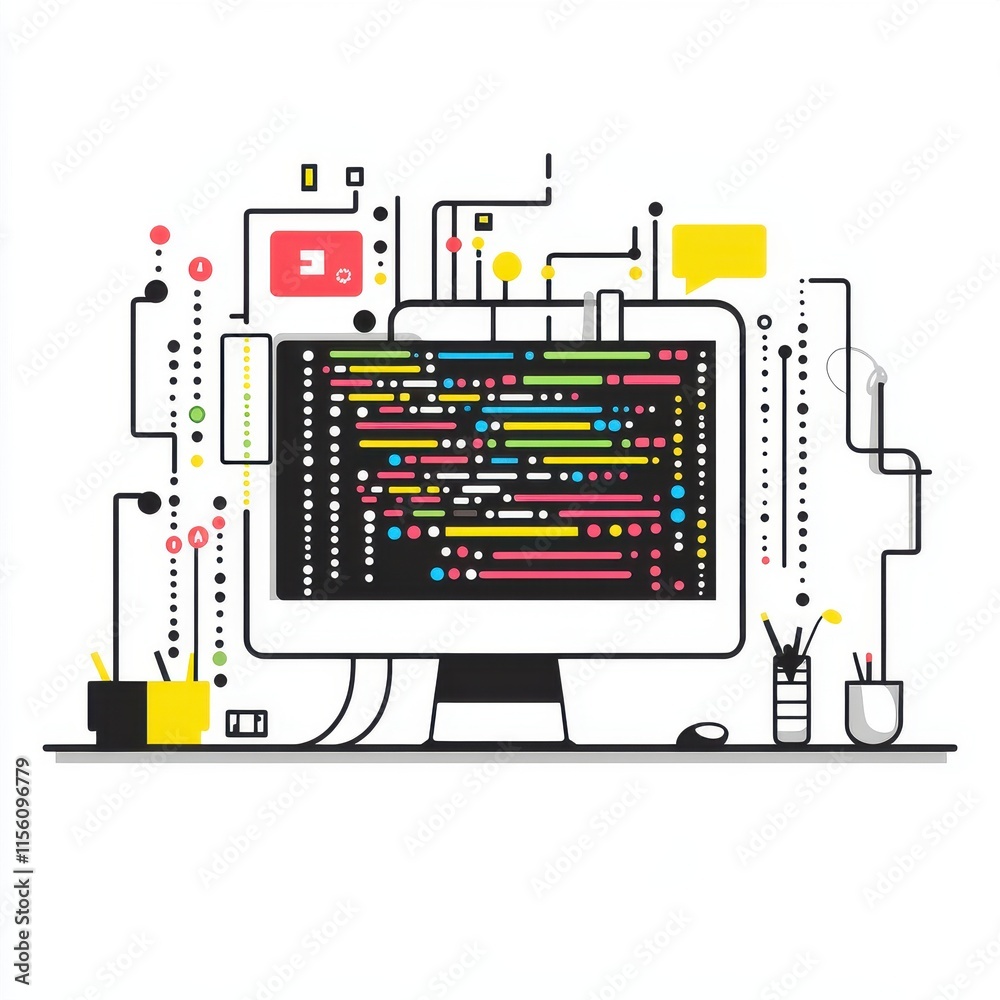 Poster a modern workspace featuring a computer with colorful coding on the screen amidst vibrant design ele