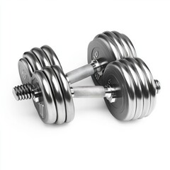 Naklejka premium A pair of sleek, silver adjustable dumbbells designed for strength training workouts.