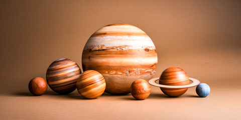 Wooden planet models arranged on a surface