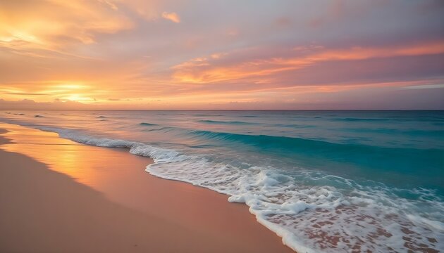 A serene sunset over the ocean with vibrant skies and gentle waves on a sandy beach.