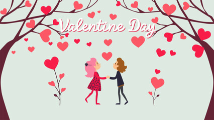 Cute Valentine Day Illustration with Cartoon Characters Holding Hands