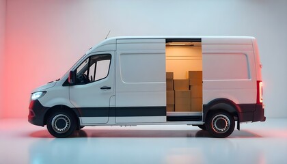 A sleek delivery van with open doors revealing organized cargo in a minimalist setting.