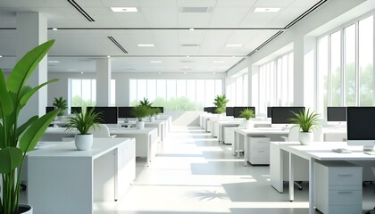 A bright, organized office space with modern cubicles, plants, and natural light.