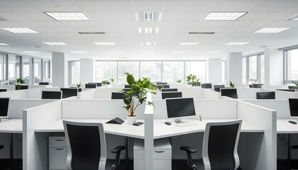 Fototapeta premium A bright, organized office space with modern cubicles, plants, and natural light.