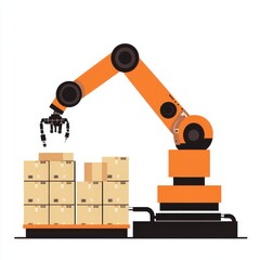 An orange robotic arm efficiently stacking boxes in a warehouse setting, showcasing modern automation.