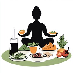 Silhouette of a woman meditating with healthy meals around her, emphasizing balance and wellness.