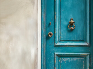 Teal Wooden Door with Knob and Keyhole