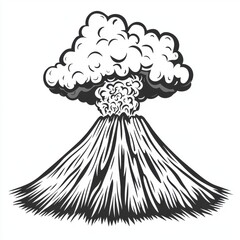 A dramatic black and white illustration of an erupting volcano with a plume of smoke rising into the air.