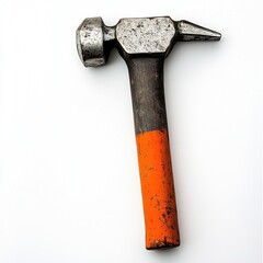 A worn metal hammer with a wooden handle, showcasing a vibrant orange stripe, symbolizing craftsmanship and strength.