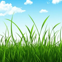 Fototapeta premium Vibrant green grass swaying gently under a clear blue sky with fluffy white clouds.