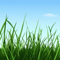 Vibrant green grass sways gently under a clear blue sky, evoking a sense of freshness and tranquility.