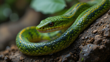 Fototapeta premium Asian Vine Snake, a fascinating mild venomous snake known for its unique appearance and behaviors, making the Asian Vine Snake a remarkable example of adaptability in the wild.