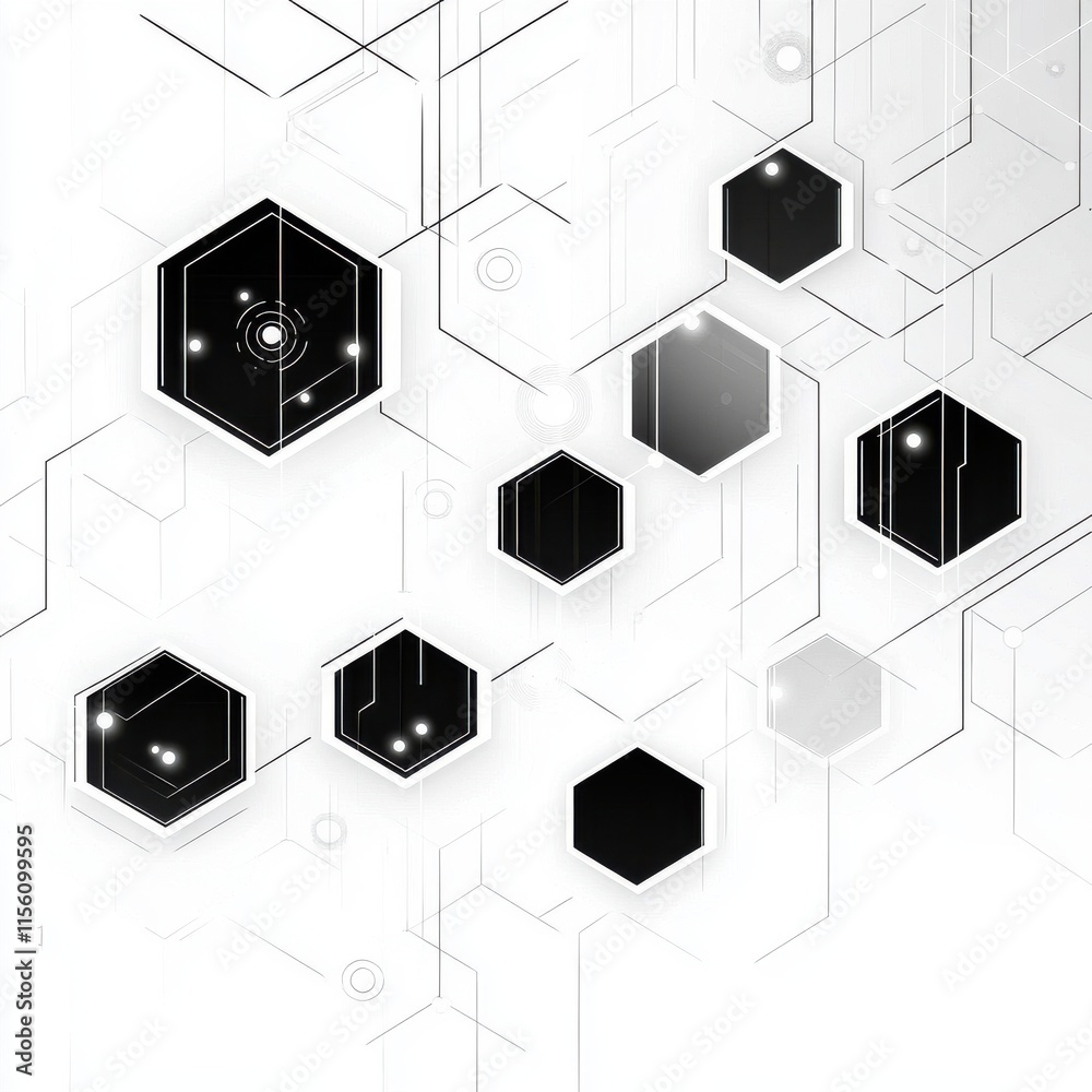 Poster abstract digital technology design with hexagonal shapes and circuit lines in black and white.