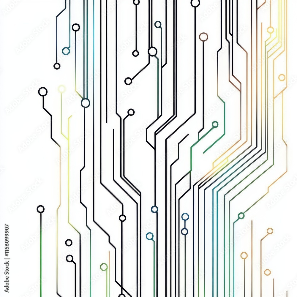 Poster abstract circuit board design with colorful lines and nodes on a white background, creating a tech-i