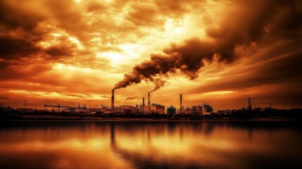 Fototapeta premium Factory Pollution Emitting Smoke Into Overcast Sky