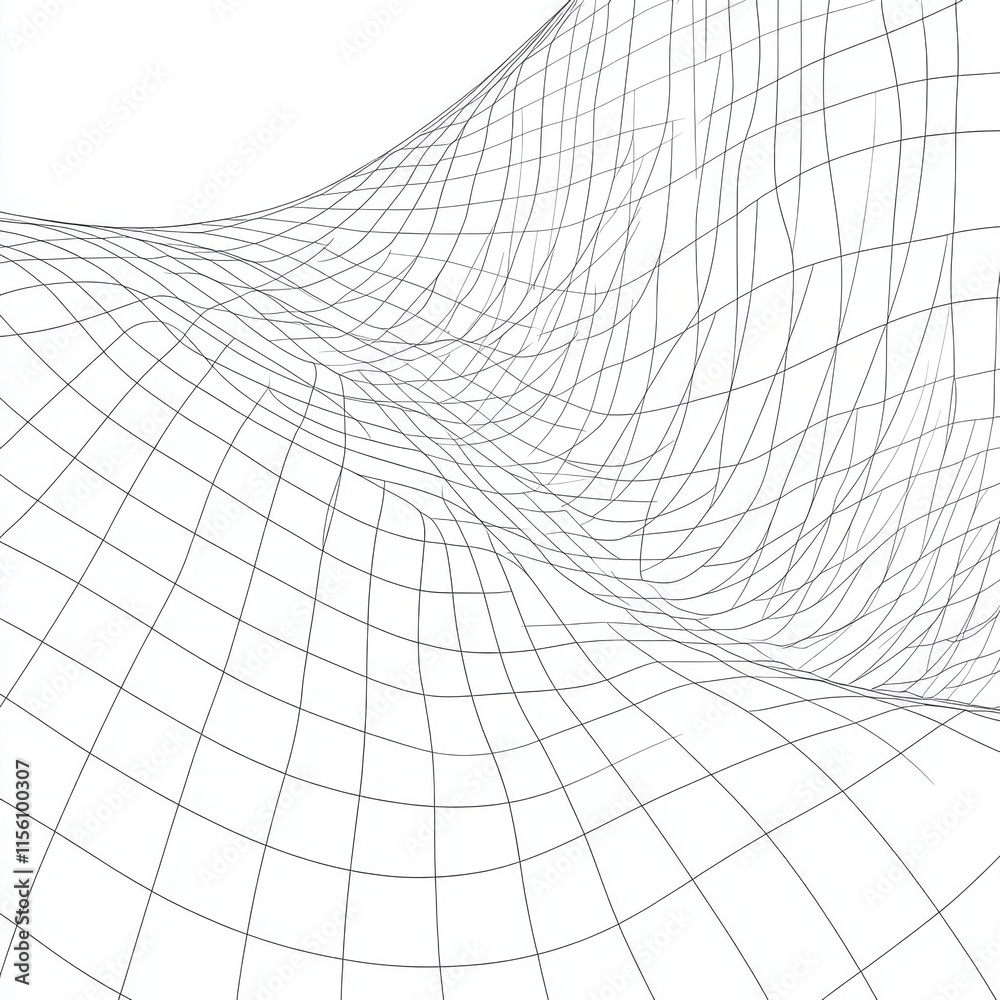 Poster abstract design featuring a 3d grid pattern on a white background, creating a sense of depth and mov