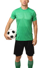 Football player with soccer ball on white background, closeup