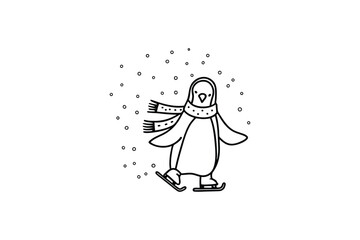 Christmas penguin slide on snow vector line art illustration