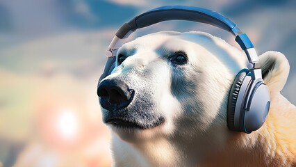 A bear listens to music against the backdrop of the northern lights. The face of a polar bear in musical headphones.