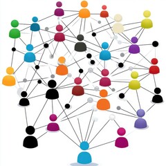 Colorful network of diverse people connected through lines, representing social interactions and relationships.