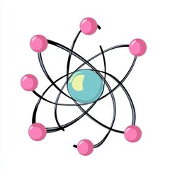 Colorful illustration of an atom with a blue nucleus and pink electrons, showcasing a vibrant scientific concept.