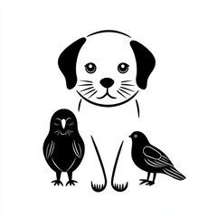 A cute illustrated dog surrounded by two stylized birds, showcasing friendship between animals.