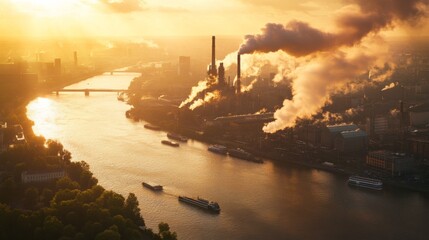 Fototapeta premium Industrial Pollution Over City Skyline at Dusk