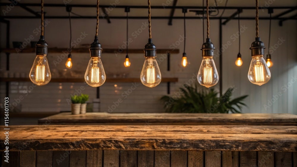 Leinwandbilder Vintagestyle pendant lights with Edison bulbs dangle low above a weathered wooden countertop creating a nostalgic vibe that complements the rustic texture beneath.