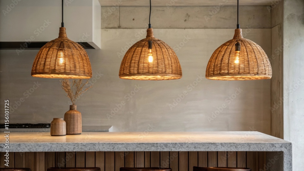 Aufkleber Warm ambertoned pendant lights with woven rattan shades hover above a minimalistic stone countertop creating an inviting atmosphere with soft diffused light.