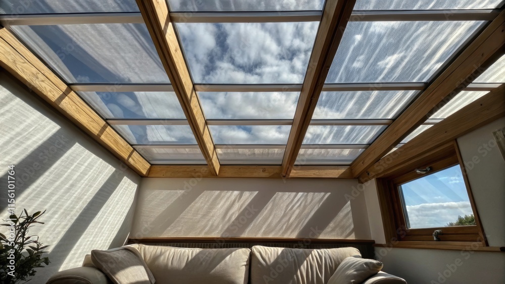 Poster underneath the skylight the protective plastic sheeting ripples gently in response to a light breeze